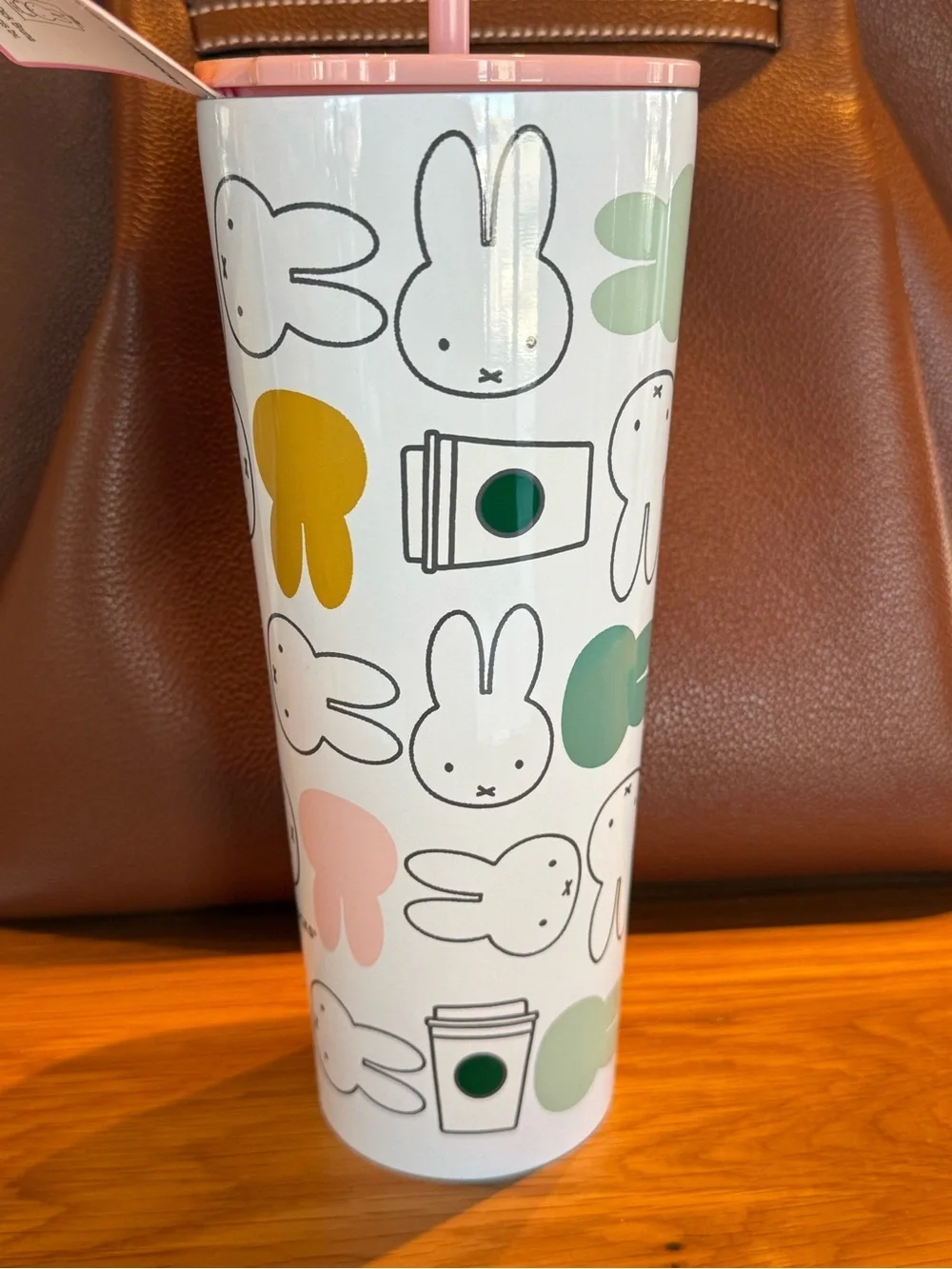 miffy Starbucks White Tumbler with Pink Lid and Pastel Bunny Pattern